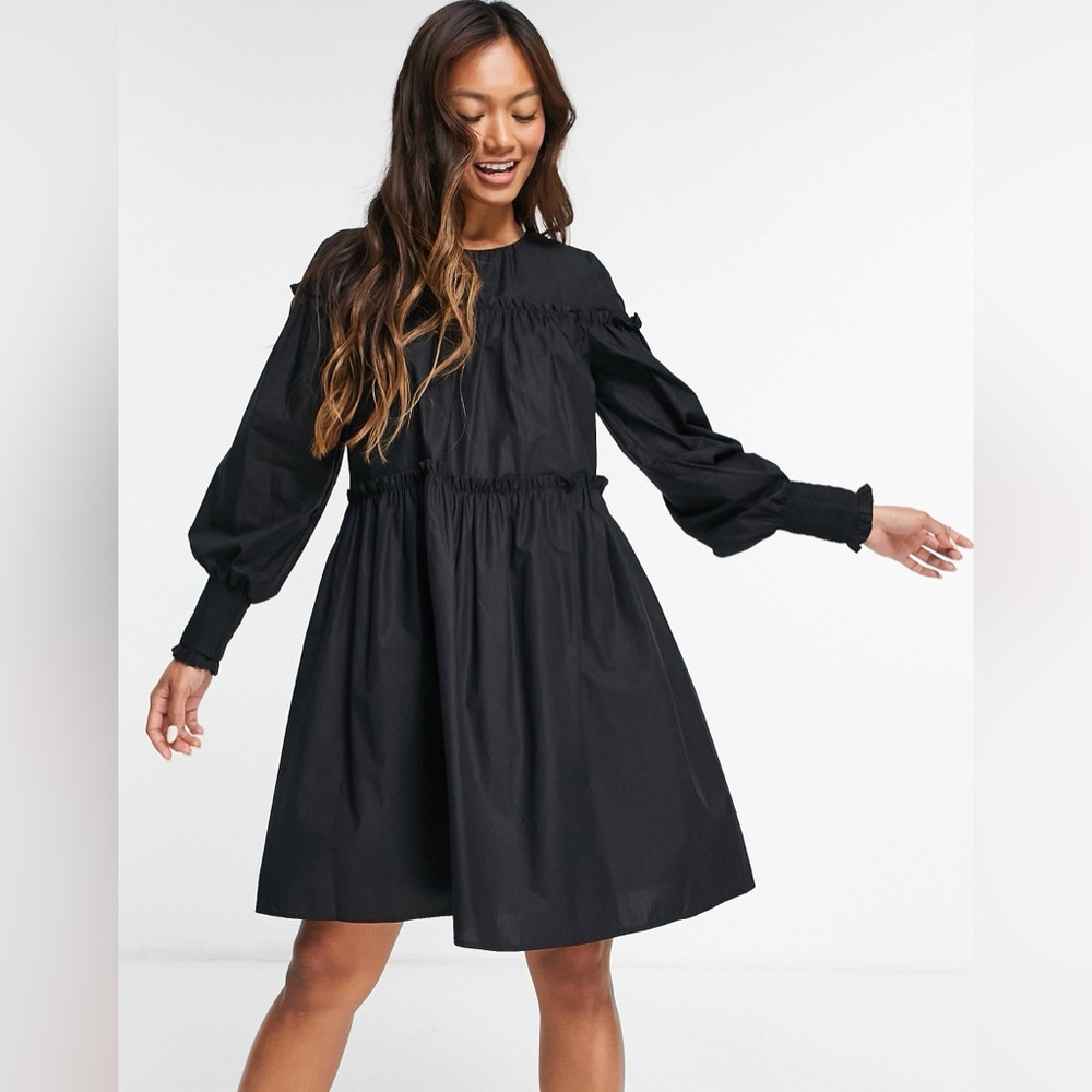 Mango MNG | Black Organic Cotton Puffed Smocked Sleeve Mini Dress Medium